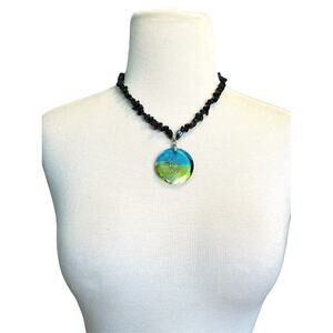 La Dolce Necklace Round Glass Pendant Black Stone Beaded 18kgp